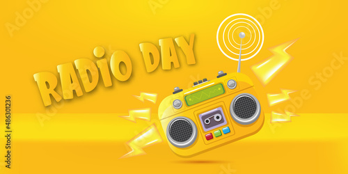 Vector World radio day horizontal banner with old cassette stereo player isolated on orange podium background. Cartoon funky hipster Radio day banner, label, sign, icon or poster with radio