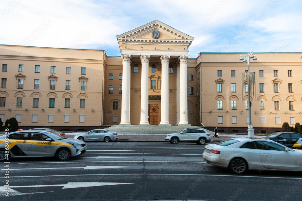 Minsk. Belarus. 02.09.2022. The building of the State Security Committee (KGB) of the Republic of Belarus in Minsk. The main entrance. The building was erected in the style of Stalinist neoclassicism