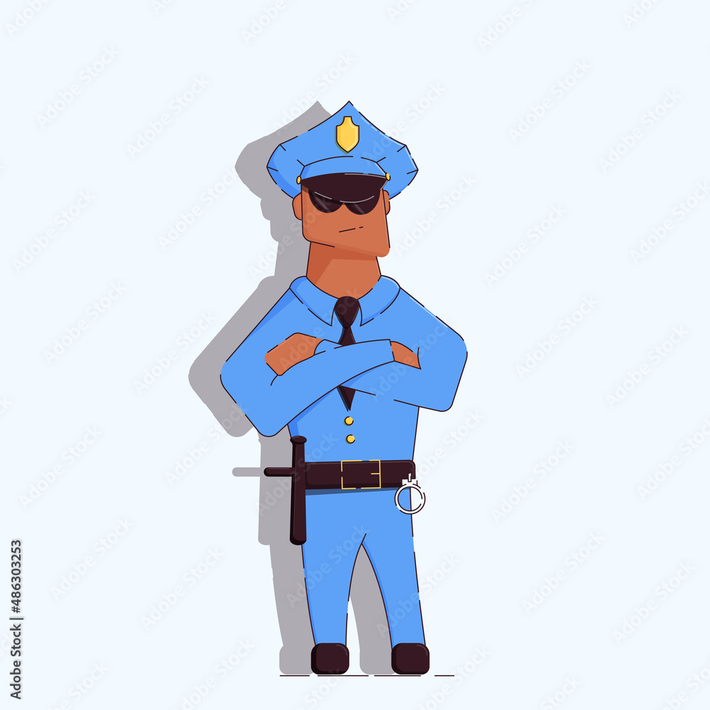 Illustration of a cartoon black police officer with arms crossed on his chest. He wears a cap and sunglasses. Vector illustration.