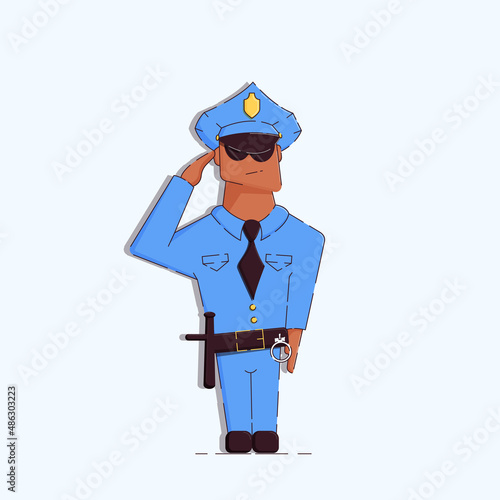 Illustration of a cartoon black police officer saluting with his right hand. He wears a cap and sunglasses. Vector illustration.
