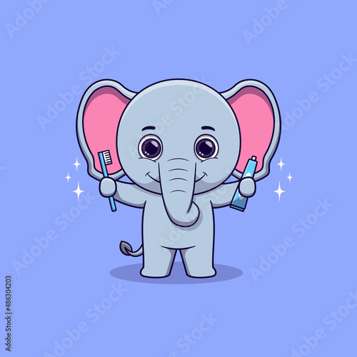 Cute Elephant holding toothbrush and toothpaste