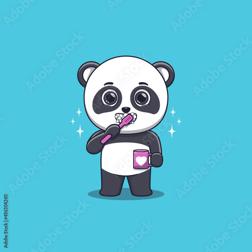 Cute Panda brushing teeth while holding mug