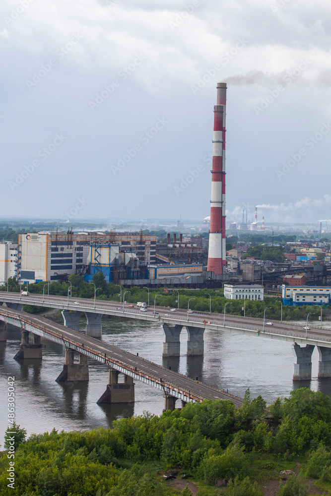 Kuznetsky bridge, kuzbassenergo and the river Tom. City of Kemerovo, Russia