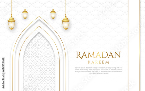 White luxury islamic background with decorative ornament pattern and lanterns Premium Vector	