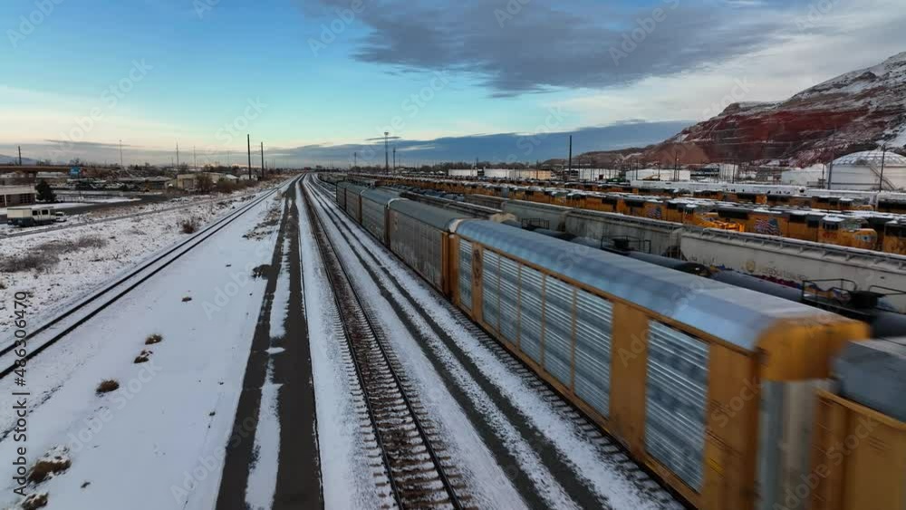 Aerial Shot of Moving Train at North Salt Lake Railways in Utah - Aerial Shot of Moving Train at North Salt Lake Railways in Utah -