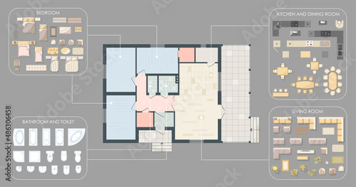 Floor Plan with furniture set top view for interior design of a house. Colored Architectural Technical floor plan. Three Bedrooms apartment architectural CAD drawing. Vector kit with design elements