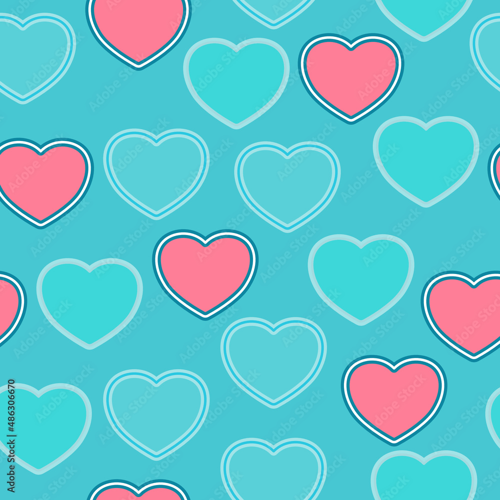 Seamless pattern of pink and blue hearts with a double stroke on a light blue-green background for textiles. Seamless pattern of pink and blue hearts with a double stroke on a light blue-green background for textiles.