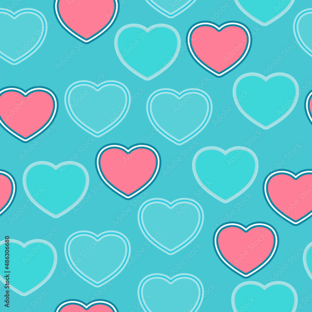 Seamless pattern of pink and blue hearts with a double stroke on a light blue-green background for textiles.