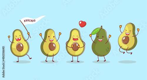 Cute funny avocado cartoon characters set isolated on blue background.