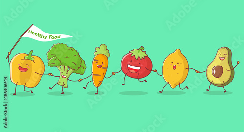 Cute funny vegetables Characters go hand in hand after each other.  isolated on color pastel background.