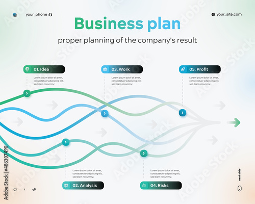 Horizontal linear scale with five steps, arrows. Five consecutive stages of developing a business plan. Used for presentations, banner, flowchart. Flat vector business infographic template. EPS10