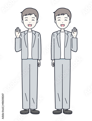手をあげるビジネス系の男性イラスト素材