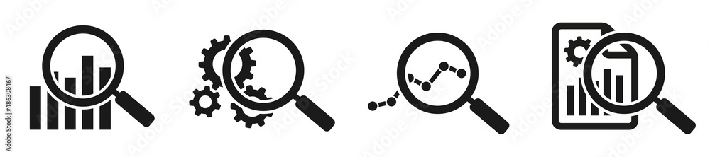 Set of magnifying glass data analysis icons. Market research, analytic. Business analysis, financial forecast logo. Vector illustration. - obrazy, fototapety, plakaty 