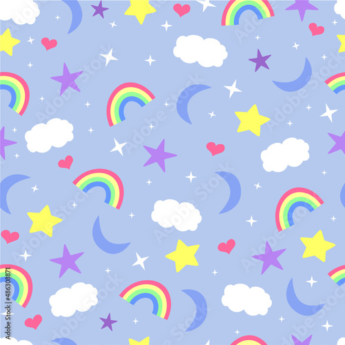 Childish illustration of starry sky with clouds, hearts and rainbow - Background seamless pattern - Rapport