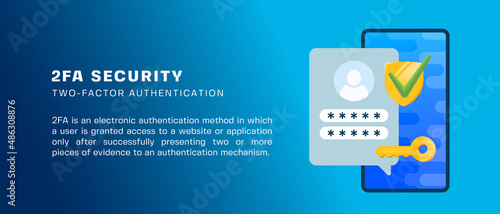Two factor autentication security illustration banner. Login confirmation notification with password code message. Smartphone, mobile phone and key account shield icons Isolated