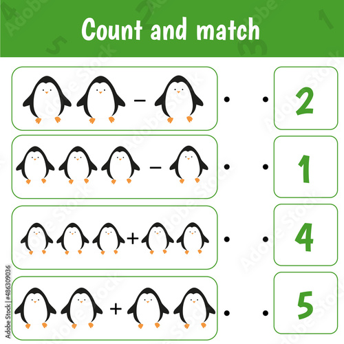 Educational worksheet for preschool kids. Count and match. Math game for children. Count penguins