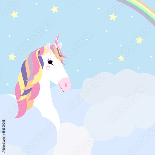 Unicorn vector illustration on a background of starry sky with clouds and rainbow.