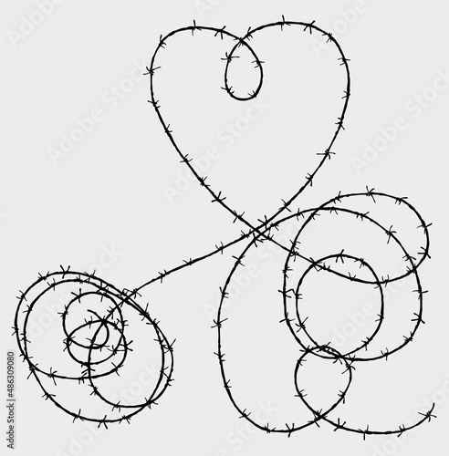 Hand drawn barbed wire hank tangled in heart shape