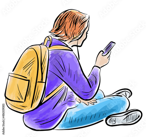 Outline drawing of student girl sitting outdoors for resting and looking at smartphone
