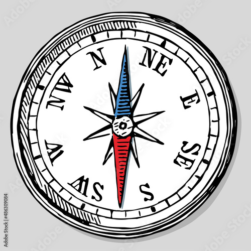 Outline hand drawing of abstract vintage compass
