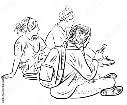 Outline drawing of three students girls sitting outdoors for resting