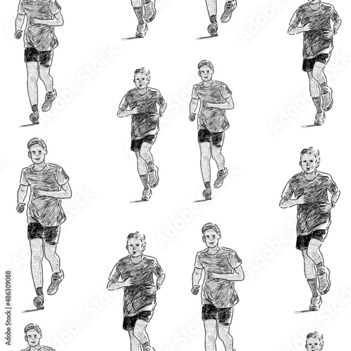 Seamless background from sketches of jogging teen boys