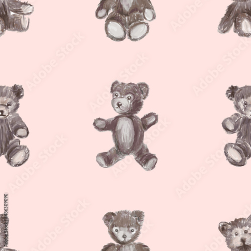 Seamless background from watercolor brush drawings of various old soft toys cute teddy bears