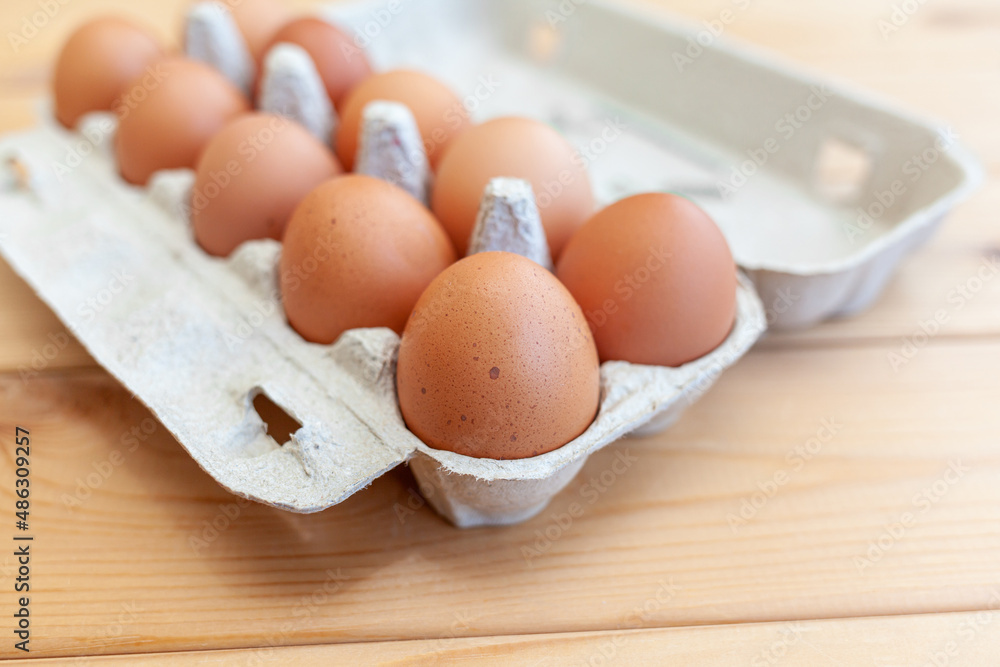 A few brown eggs among the cells of a large cardboard bag, a chicken egg as a valuable nutritious product, a tray for carrying and storing fragile eggs. A full package of eggs, an important food item A few brown eggs among the cells of a large cardboard bag, a chicken egg as a valuable nutritious product, a tray for carrying and storing fragile eggs. A full package of eggs, an important food item