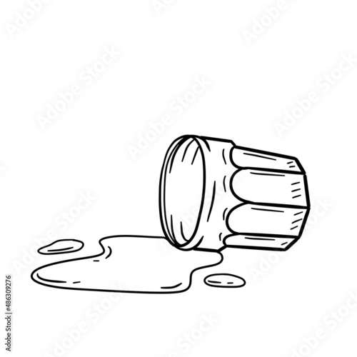 Knocked over shot glass. Overturned glass. Spilled alcohol. Hand drawn doodle sketch cartoon