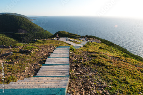 Hiking the Skyline Trail, Cabot Trail at Cape Breton Highlands National Park, Nova Scotia, Canada. Boardwalk with wooden steps photo