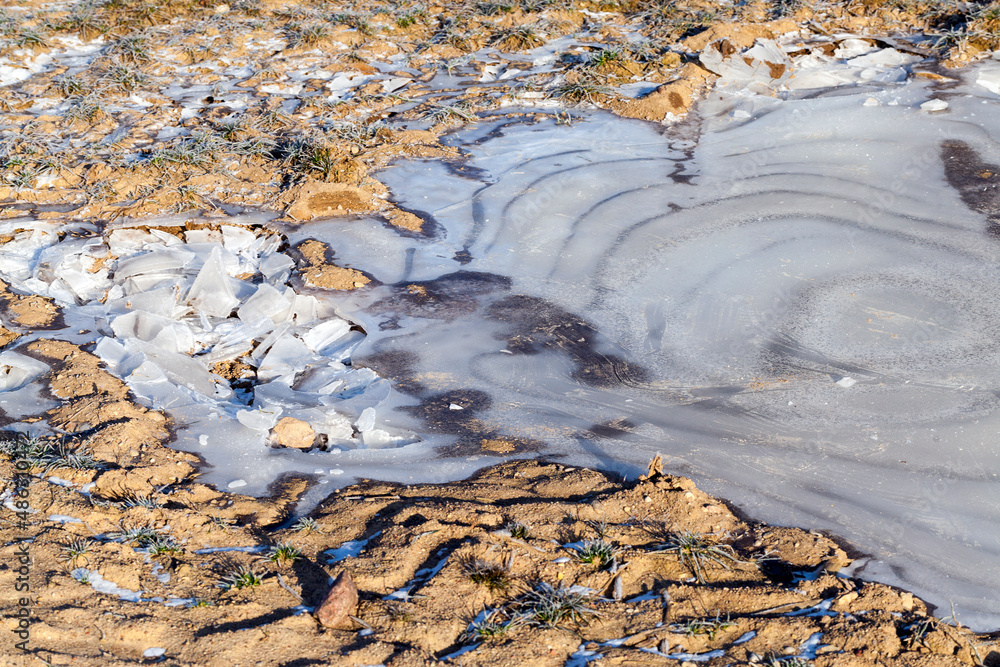 Fototapeta premium a thick layer of ice formed on the territory of the field