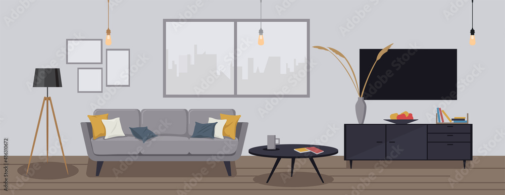 Modern house interior background. Cozy apartment furnished with a sofa,  table, shelf with books and flowerpots, TV, paintings and lamps in cartoon  style. Stock Vector | Adobe Stock