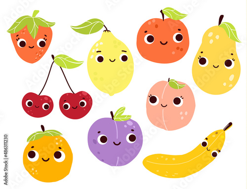 collection of funny fruits and berries cartoon characters. Apple  banana  cherry and other cute fruits