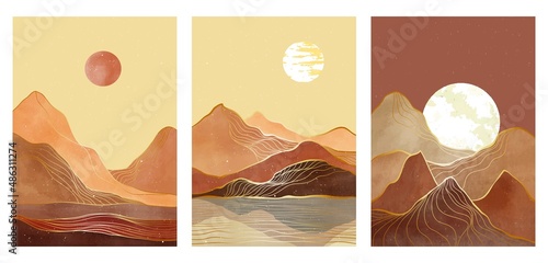 Mid century modern mountain art print on set. Abstract contemporary aesthetic backgrounds landscapes. vector illustration of mountain, sea, sky moon and sun