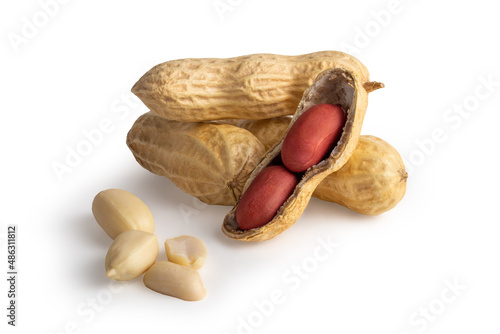 set of peanuts in nutshell, unpeeled and peeled peanuts isolated on white background with shadow.