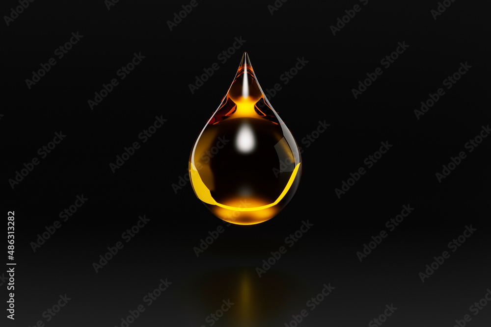 yellow drop of fuel or oil isolated on black background, source or template, 3d rendering - obrazy, fototapety, plakaty 