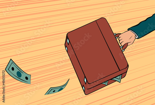 Нand of a wealthy businessman with a case of money. Financial crisis. Vector cartoon illustration in pop art style