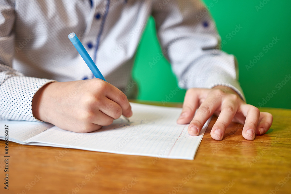 The child holds a pen in his hand and draws in a notebook. The child holds a pen in his hand and draws in a notebook.