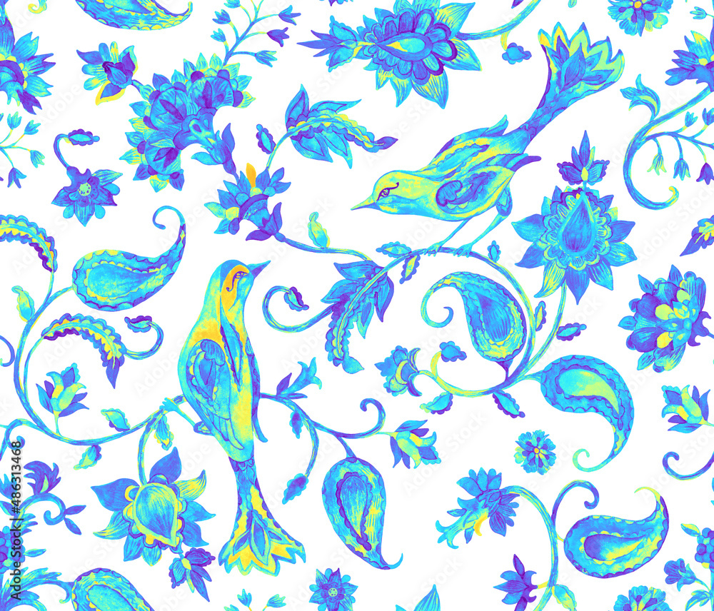 Fototapeta premium Paisley watercolor floral pattern tile flower, flores, tulip, pheasant, bird. Oriental traditional hand painted water color whimsical seamless print border for design. Abstract indian batik background