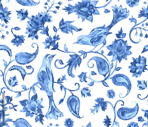 Paisley watercolor floral pattern tile flower, flores, tulip, pheasant, bird. Oriental traditional hand painted water color whimsical seamless print border for design. Abstract indian batik background