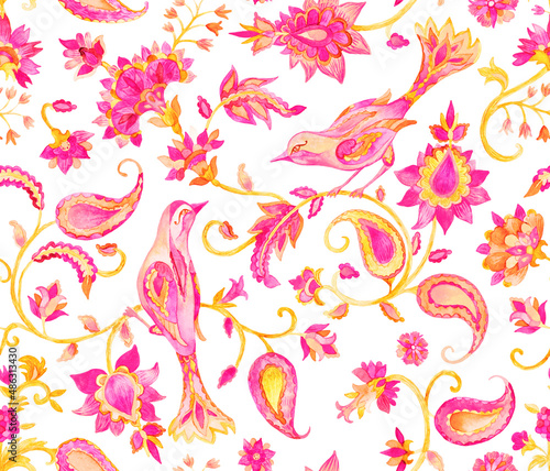 Paisley watercolor floral pattern tile flower, flores, tulip, pheasant, bird. Oriental traditional hand painted water color whimsical seamless print border for design. Abstract indian batik background