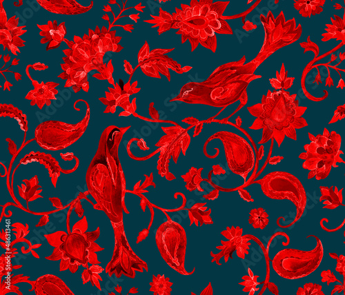 Paisley watercolor floral pattern tile flower, flores, tulip, pheasant, bird. Oriental traditional hand painted water color whimsical seamless print border for design. Abstract indian batik background