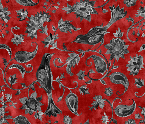 Paisley watercolor floral pattern tile flower, flores, tulip, pheasant, bird. Oriental traditional hand painted water color whimsical seamless print border for design. Abstract indian batik background