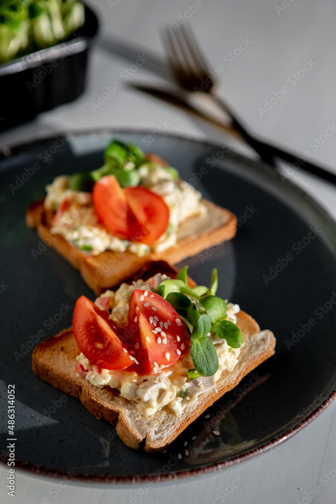 stuffed toast bread with microgreens and tomato on a plate, selectiv focus, defocus