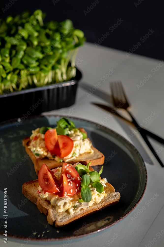 stuffed toast bread with microgreens and tomato on a plate, selectiv focus, defocus stuffed toast bread with microgreens and tomato on a plate, selectiv focus, defocus