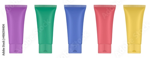 Rainbow palette of acrylic paint in plastic tubes. Liquid watercolor. Oil paint or gouache. Tempera. Purple, blue, green, yellow and red colors. Hand cream, mask or lotion. Professional shampoo. 