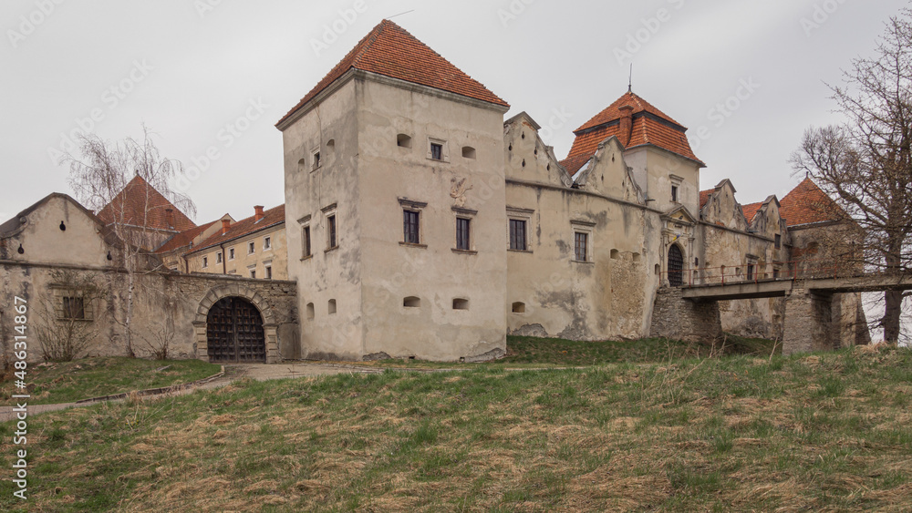 Main defensive tower and walls of medieval castle Svirzh, Lviv region, Ukraine