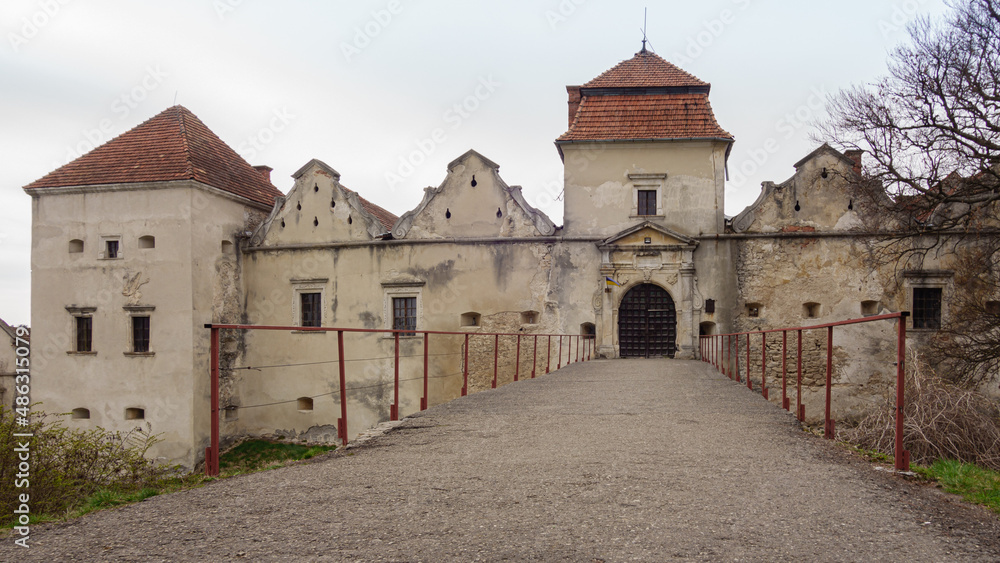 Main entrance is through bridge to famous Svirzh Castle, Lviv region, Ukraine