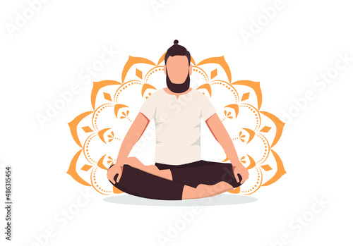 A young man in lotus pose practicing yoga. Mandala. Healthy lifestyle. Vector illustration