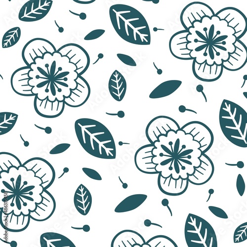 Doodle Flower Pattern On White Background, Hand Drawn, Monotone, Vector